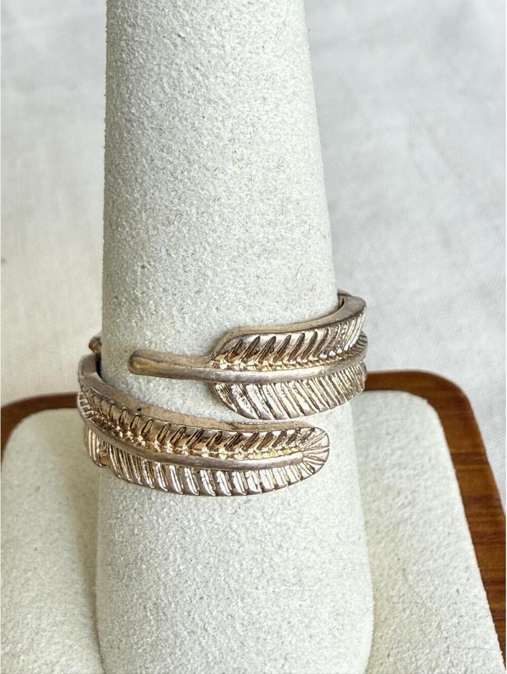 Rose Gold Tone Feather Wrap Ring Adjustable Boho Statement Ring